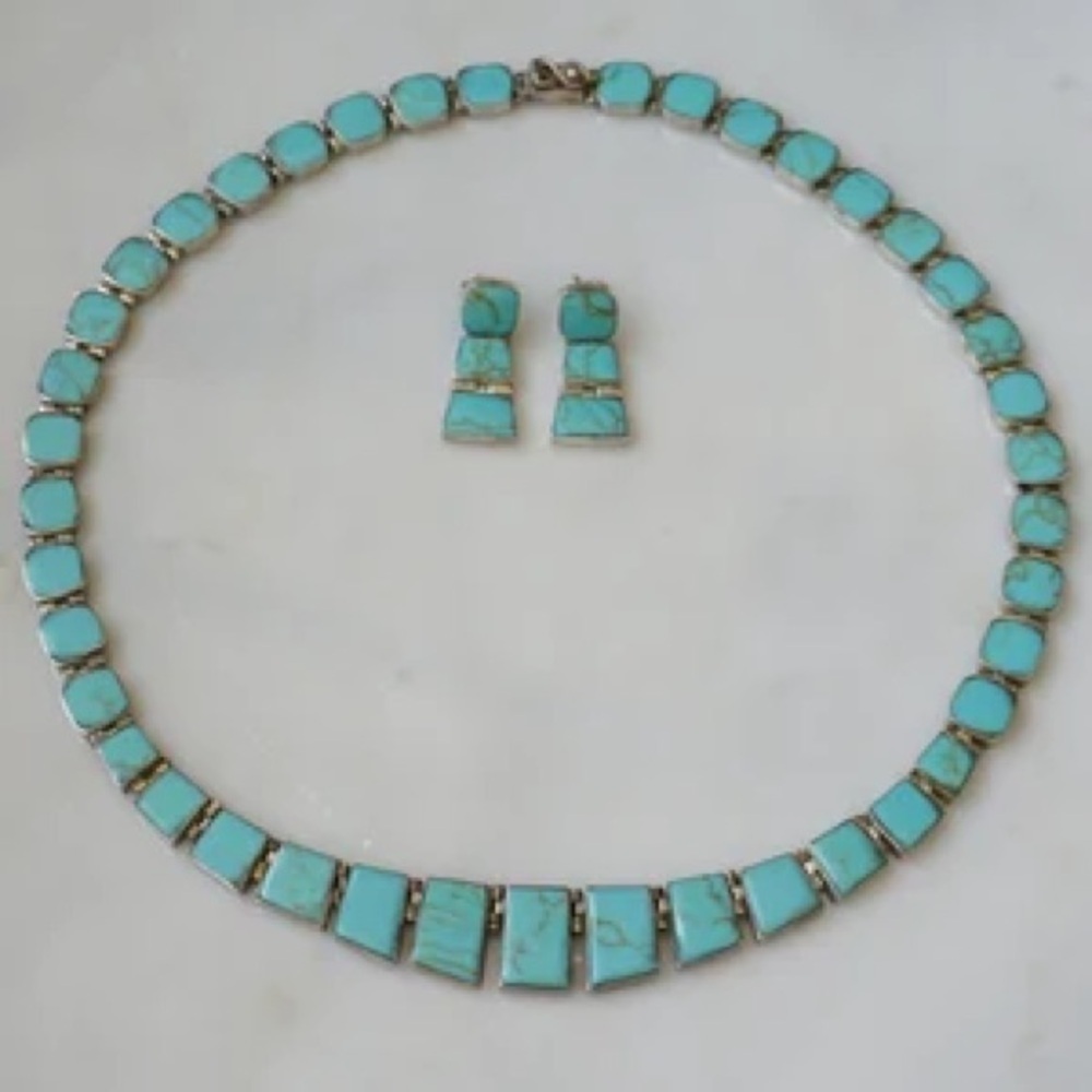 Vintage hand-cut Chilean Turquoise 925 silver earring and necklace set - Picture 3 of 10